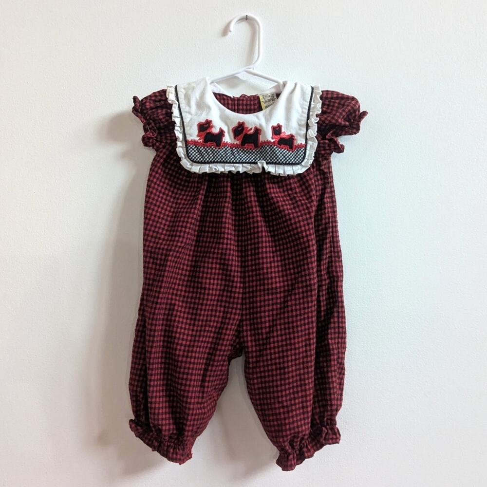 Vtg 90s Jumpsuit Baby Girls Sz 3-6m Red Buffalo Scottie Dog Christmas